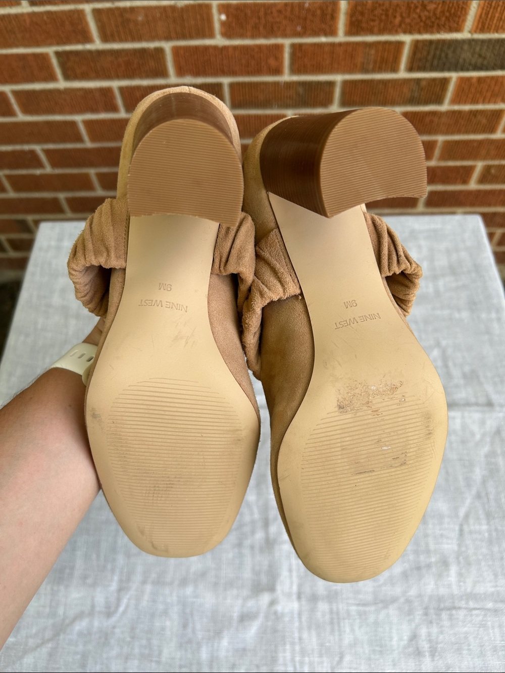 Nine West Women's Tan Suede Block Heel Pumps with Ruched Strap - Picture 5 of 5